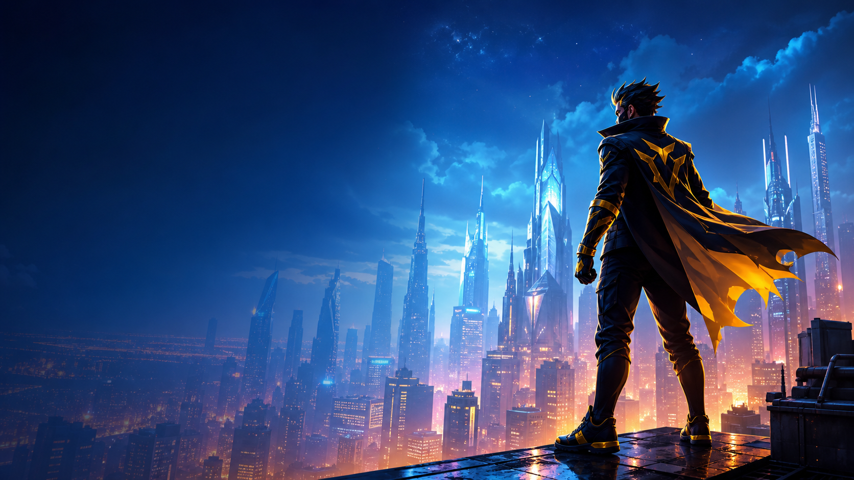 Ilustrasi kota neon dan sosok heroik untuk artikel Super Wildrix di Angin77